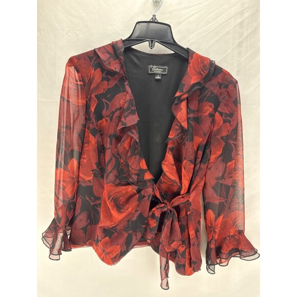 Dressbarn Red Floral Chiffon Ruffle Blouse Sz 6 Sheer Lightweight Whimsygoth Top - Picture 1 of 9